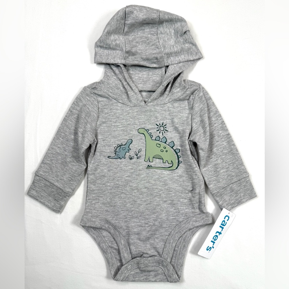NWT CARTER’S Boys Dino Hooded Bodysuit 3M Gray Playful Everyday Casual NEW